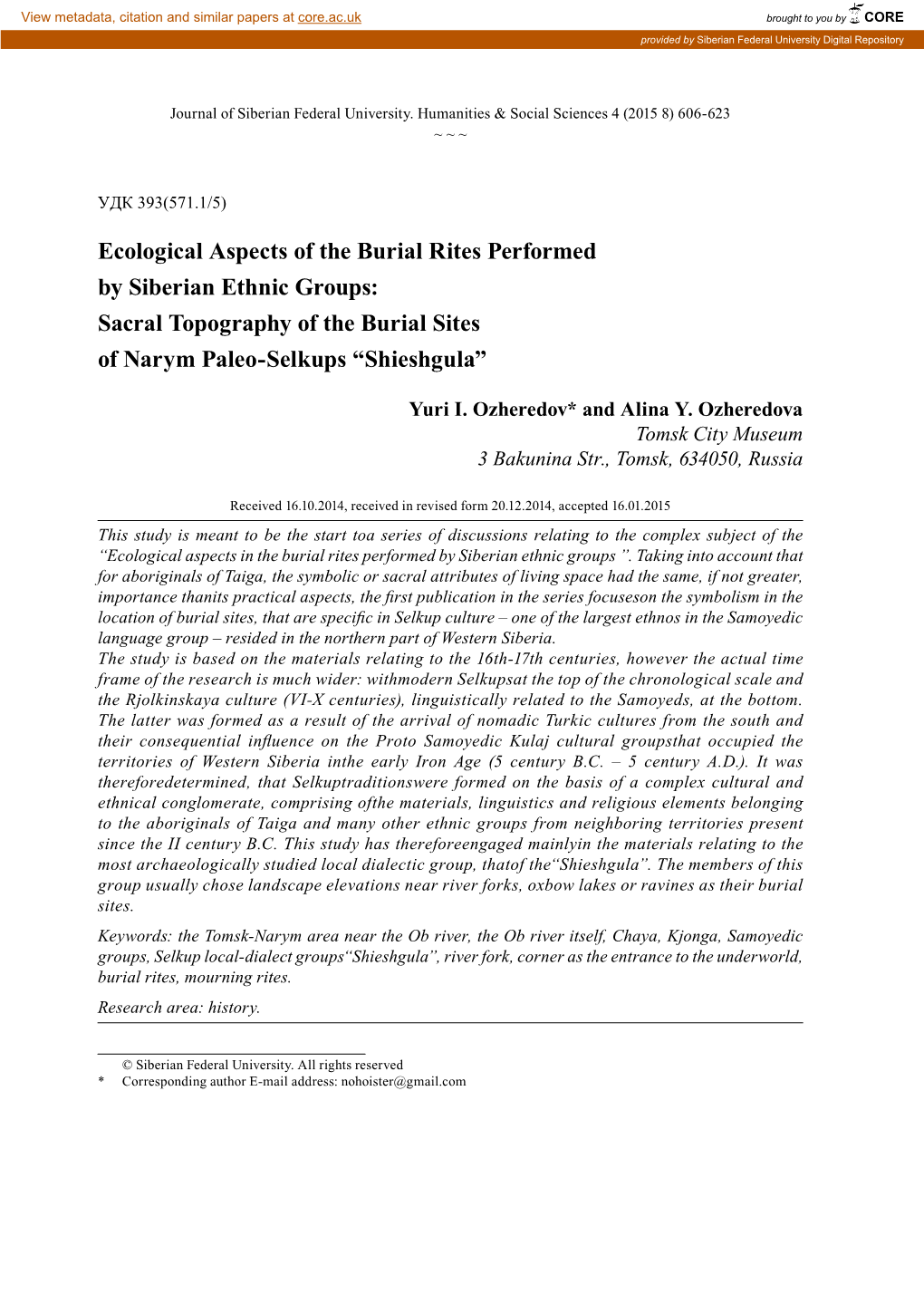 Ecological Aspects of the Burial Rites Performed by Siberian Ethnic Groups: Sacral Topography of the Burial Sites of Narym Paleo-Selkups “Shieshgula”