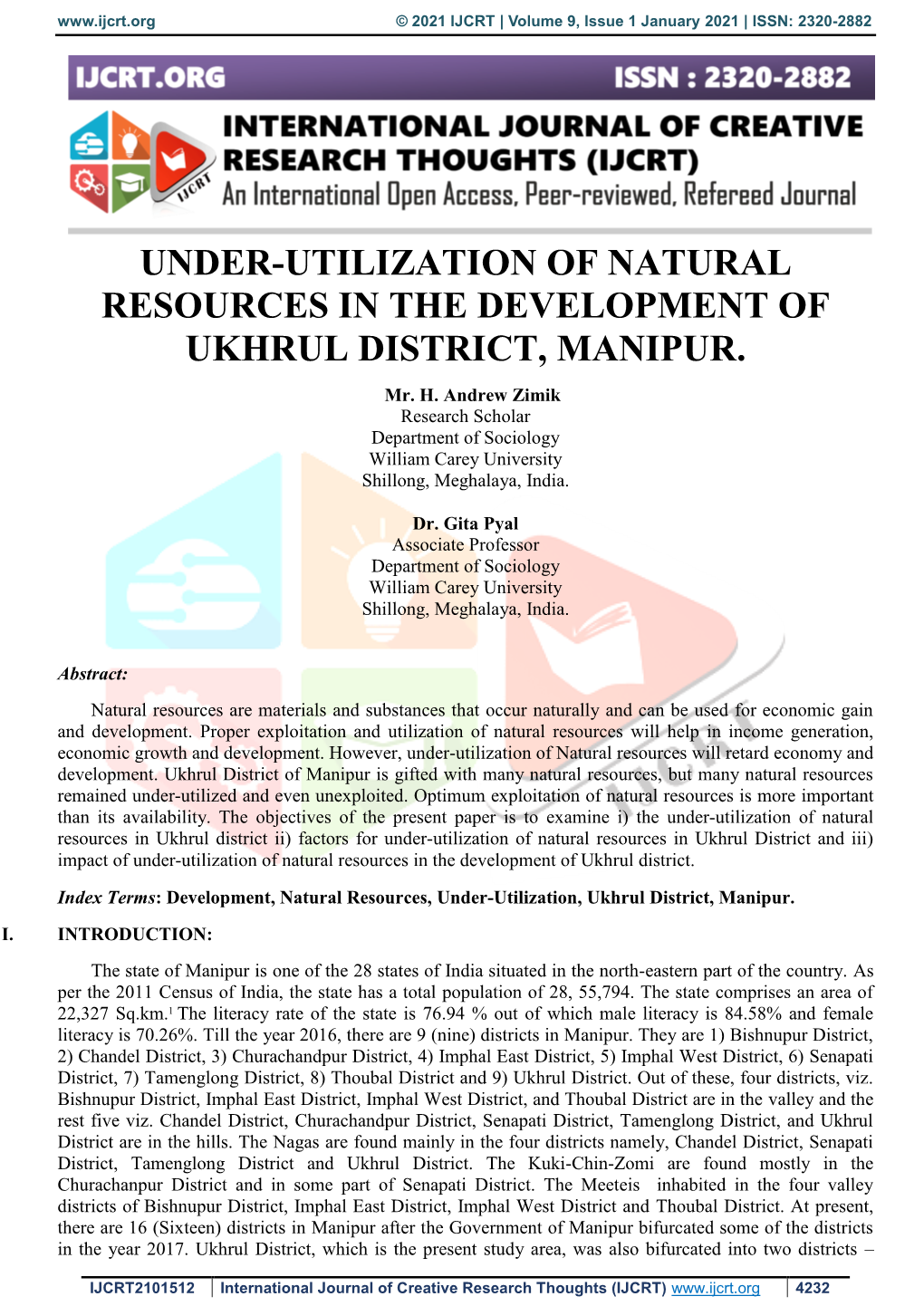 Under-Utilization of Natural Resources in the Development of Ukhrul District, Manipur