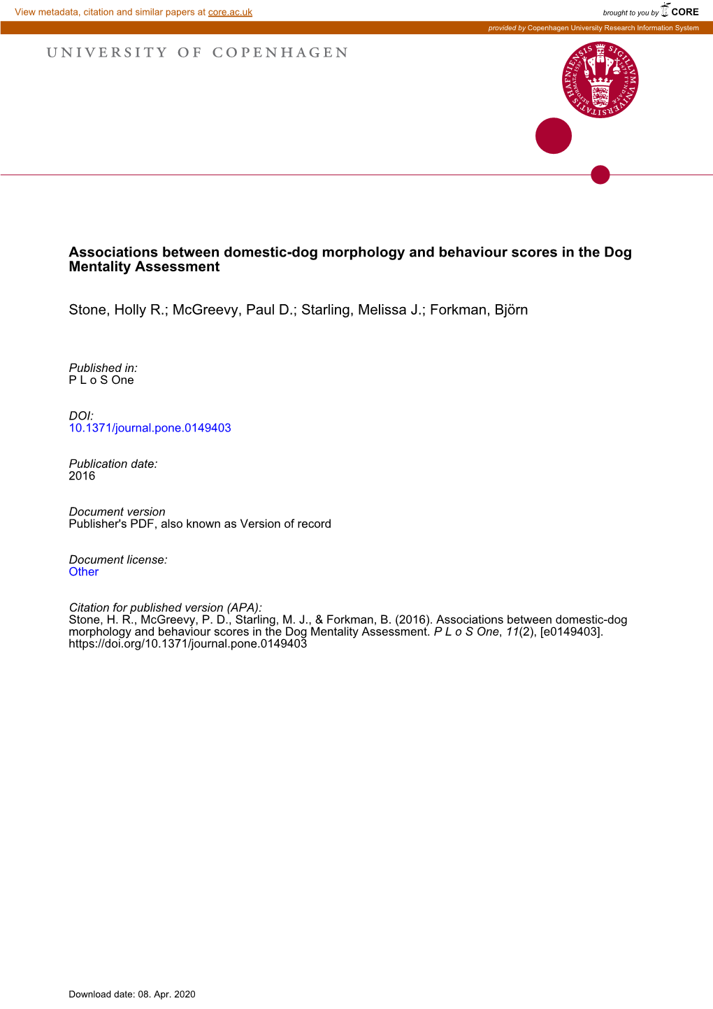 Associations Between Domestic-Dog Morphology and Behaviour Scores in the Dog Mentality Assessment