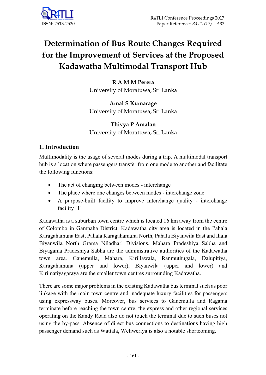 Determination of Bus Route Changes Required for the Improvement of Services at the Proposed Kadawatha Multimodal Transport Hub