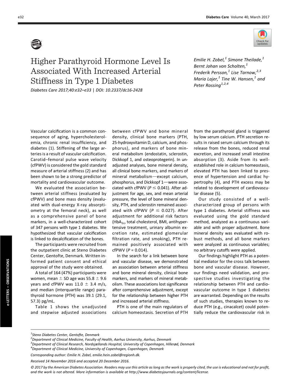 Higher Parathyroid Hormone Level Is Associated with Increased Arterial Stiffness in Type 1 Diabetes