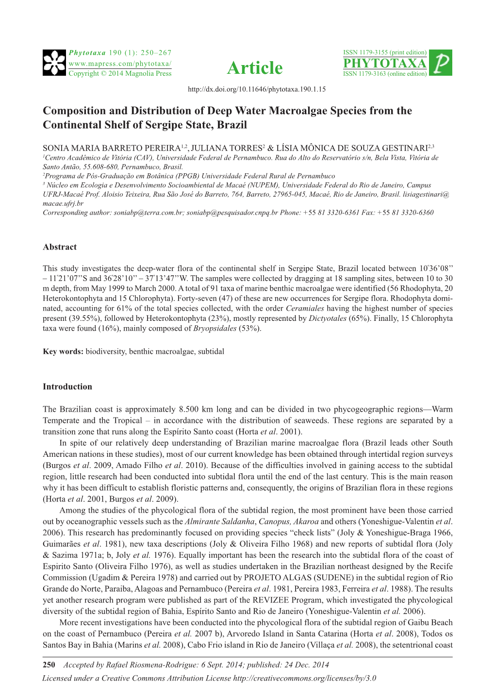 Composition and Distribution of Deep Water Macroalgae Species from the Continental Shelf of Sergipe State, Brazil