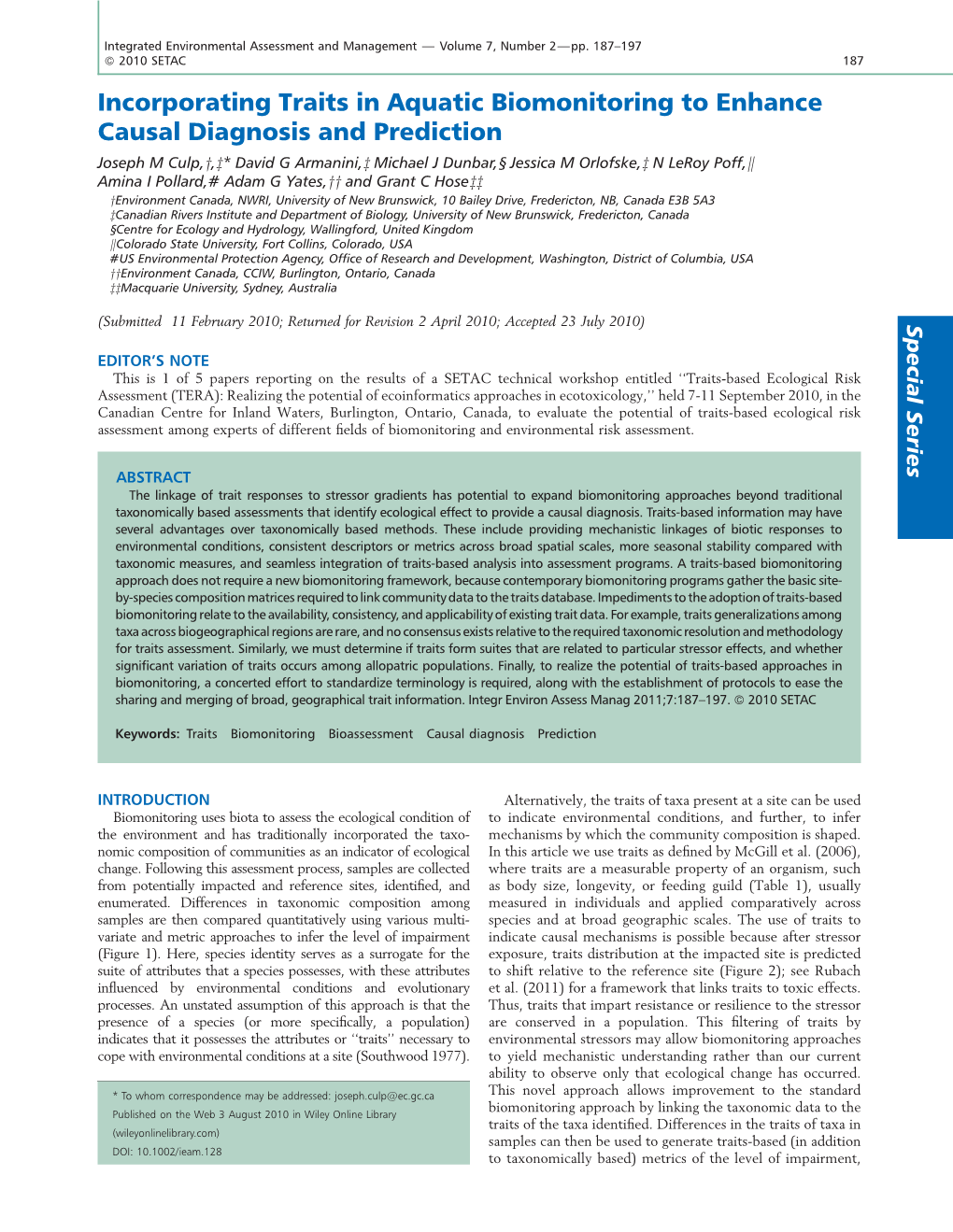 Incorporating Traits in Aquatic Biomonitoring to Enhance Causal