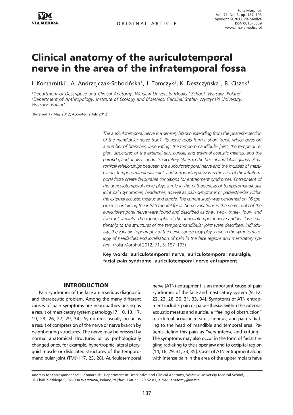 Clinical Anatomy of the Auriculotemporal Nerve in the Area of the Infratemporal Fossa