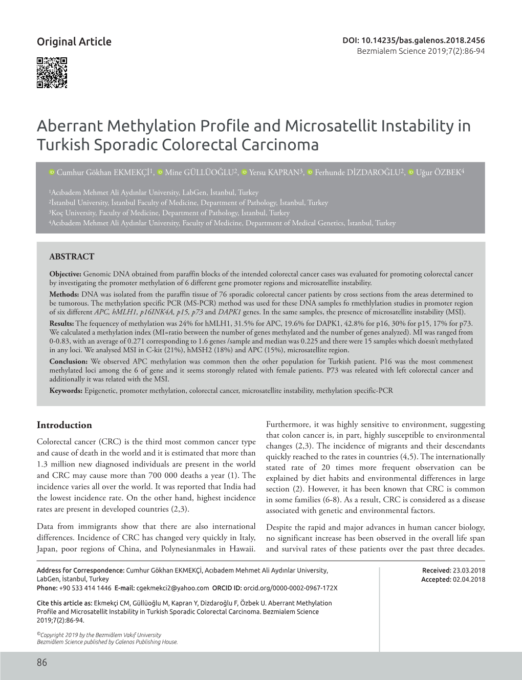 Aberrant Methylation Profile and Microsatellit Instability in Turkish Sporadic Colorectal Carcinoma