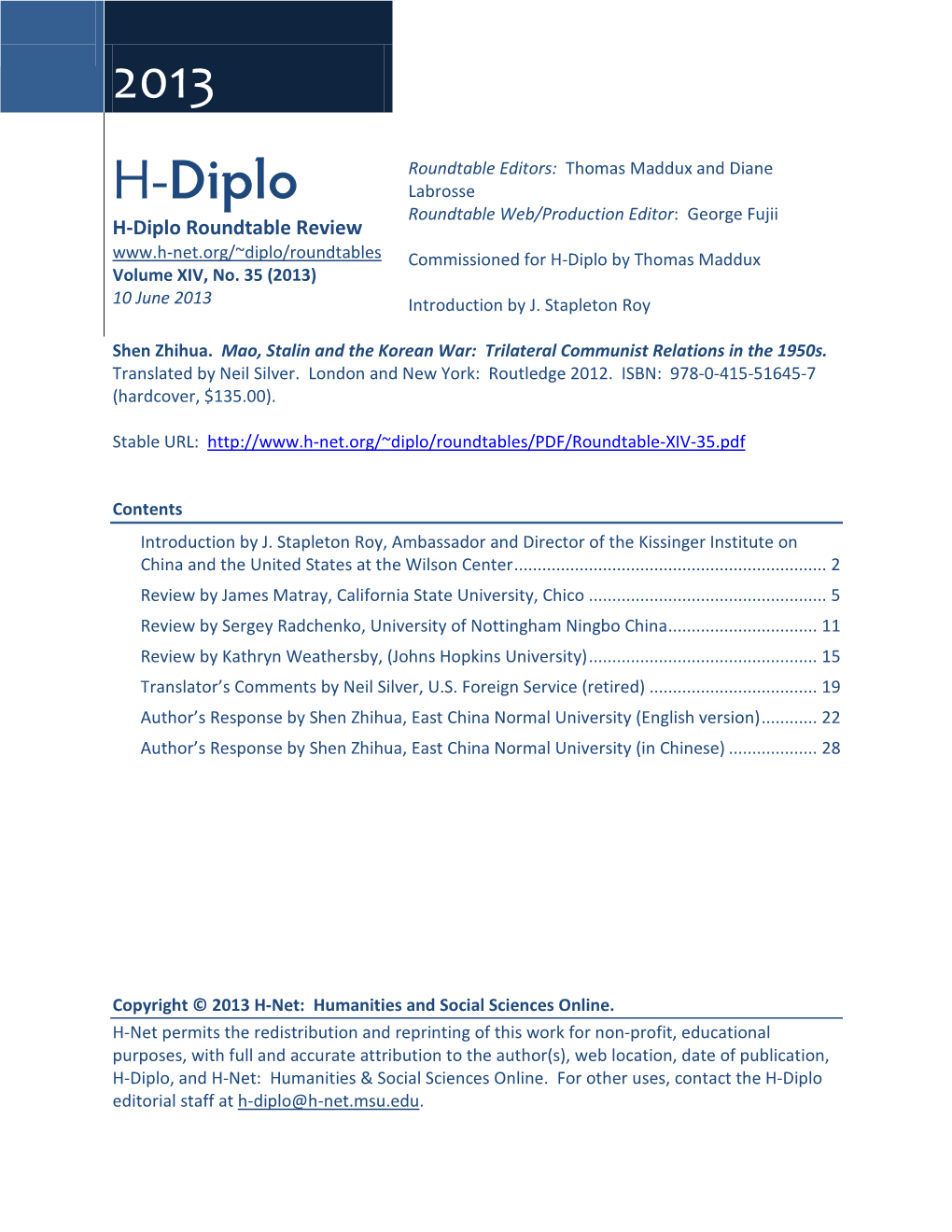 H-Diplo Roundtables, Vol. XIV, No. 35 (2013)