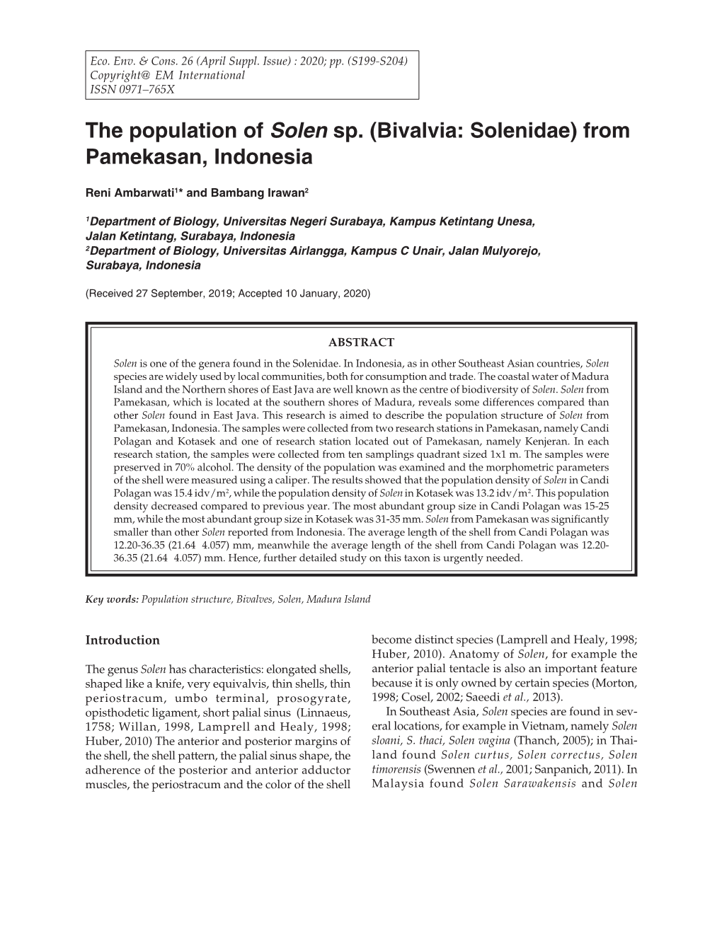 The Population of Solen Sp. (Bivalvia: Solenidae) from Pamekasan, Indonesia