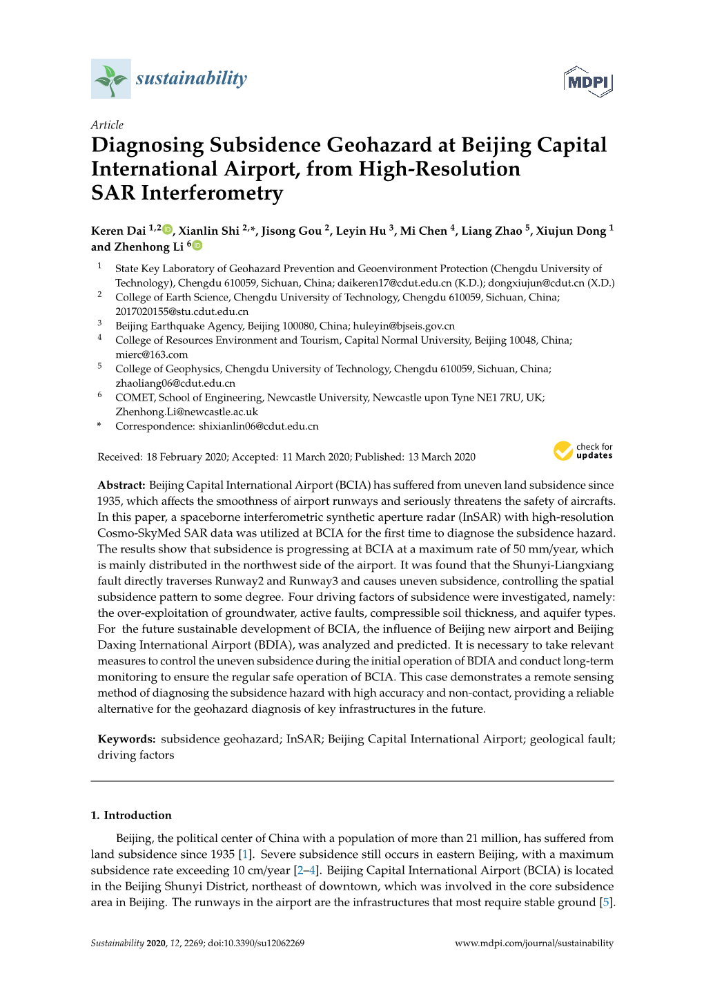 Diagnosing Subsidence Geohazard at Beijing Capital International Airport, from High-Resolution SAR Interferometry