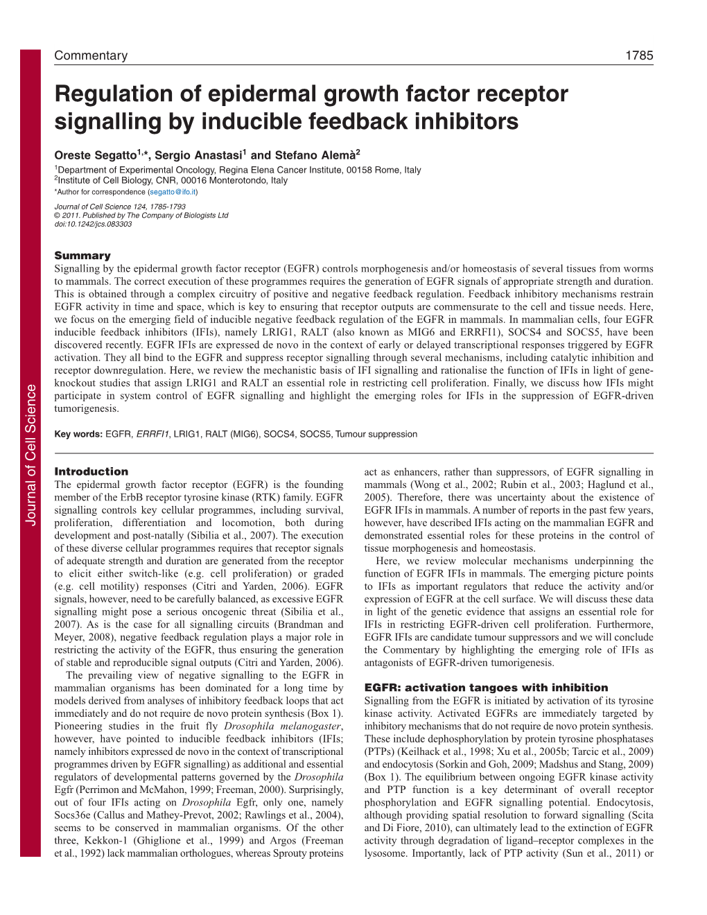 Regulation of Epidermal Growth Factor Receptor Signalling by Inducible Feedback Inhibitors