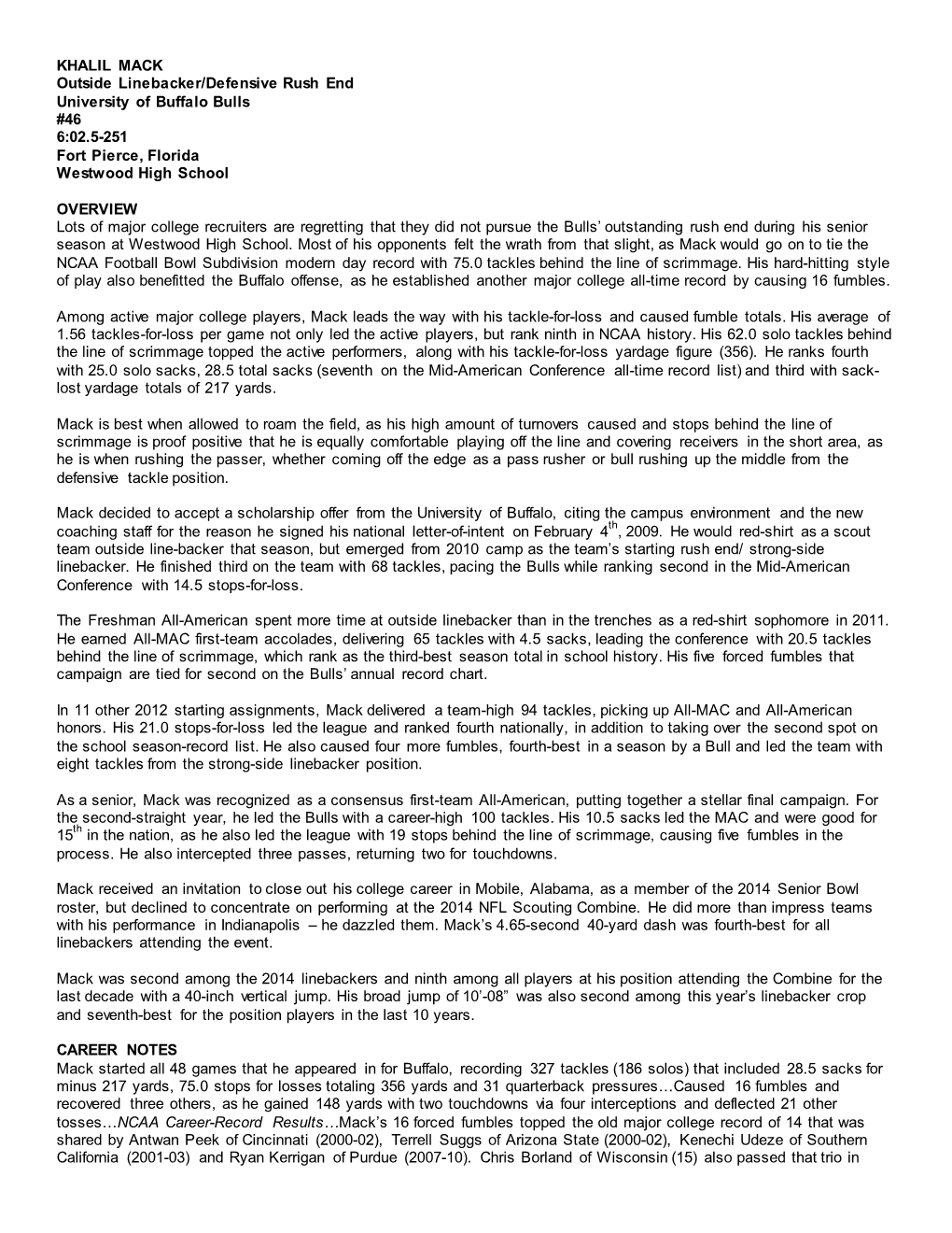 KHALIL MACK Outside Linebacker/Defensive Rush End University of Buffalo Bulls #46 6:02.5-251 Fort Pierce, Florida Westwood High School