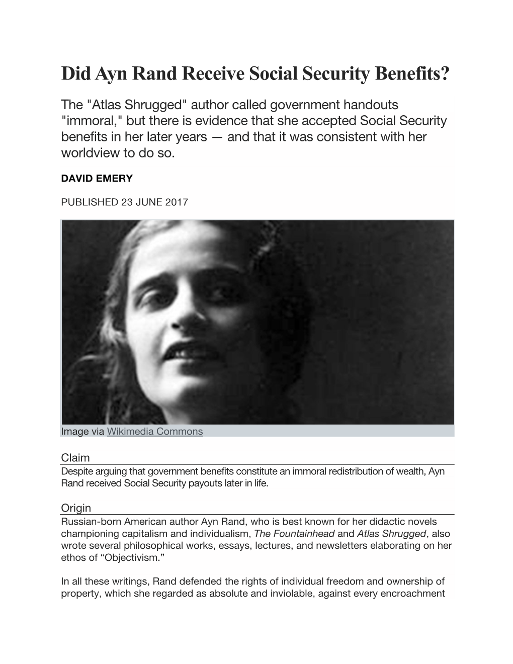 Did Ayn Rand Receive Social Security Benefits?