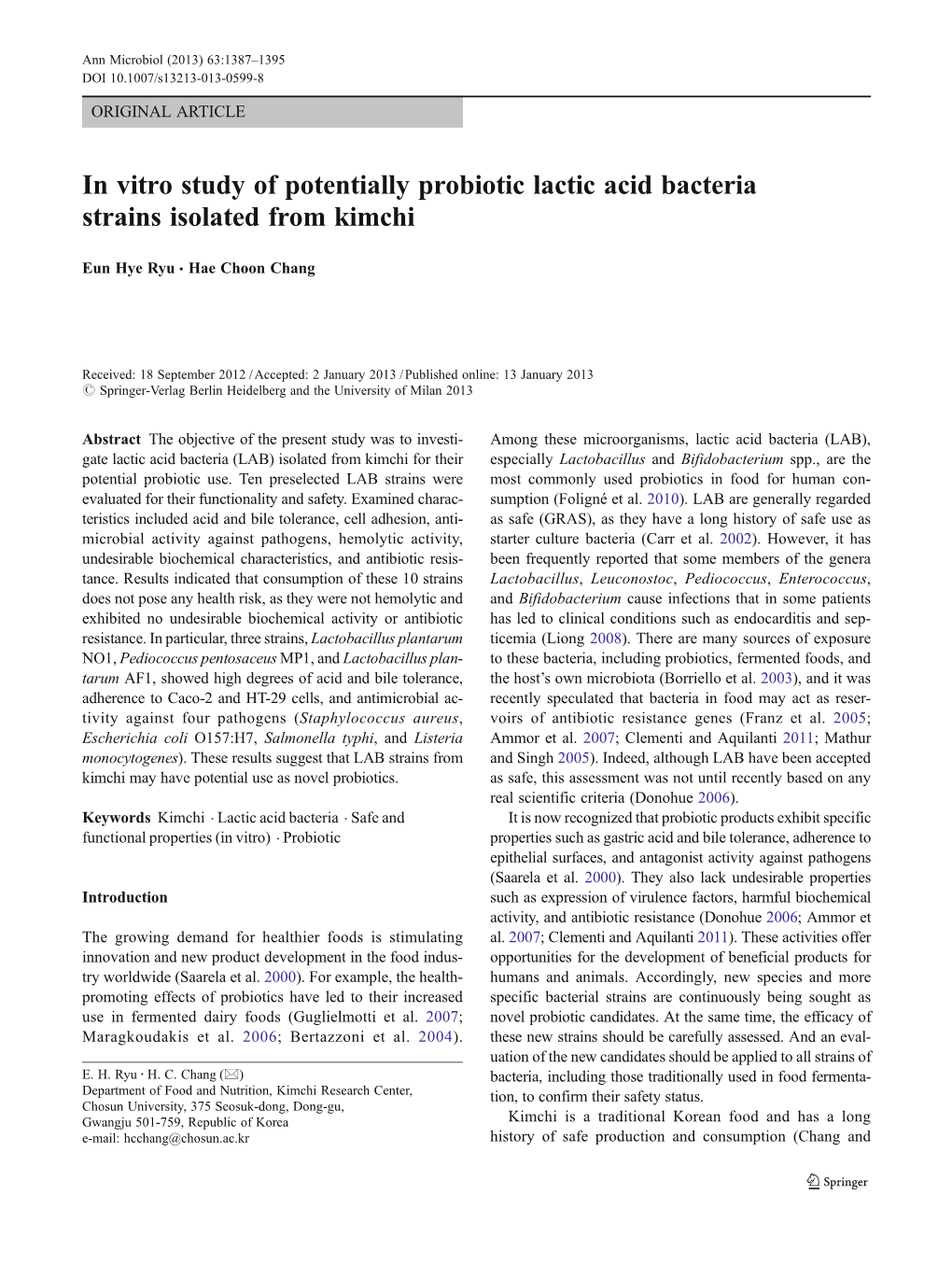 In Vitro Study of Potentially Probiotic Lactic Acid Bacteria Strains Isolated from Kimchi