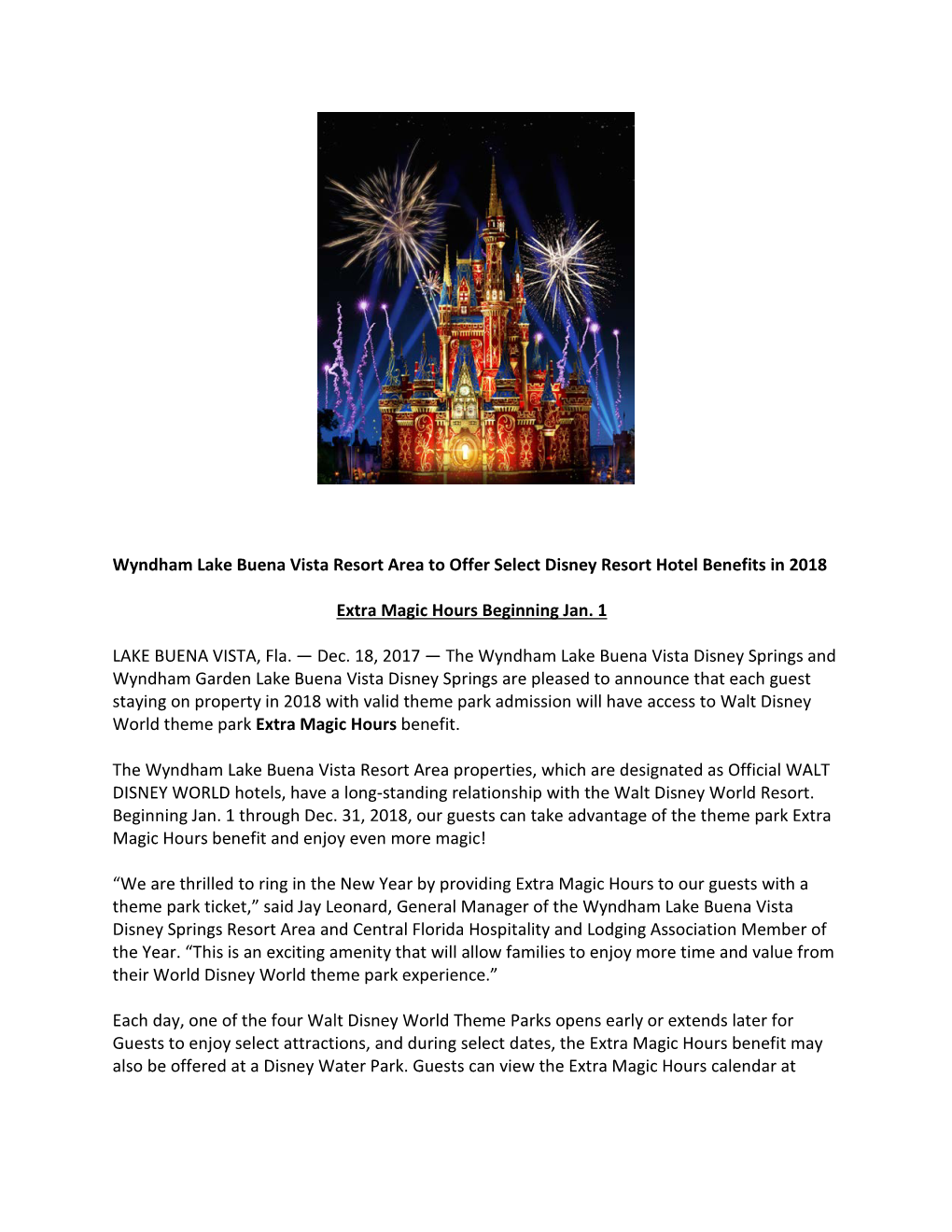 Wyndham Lake Buena Vista Resort Area to Offer Select Disney Resort Hotel Benefits in 2018
