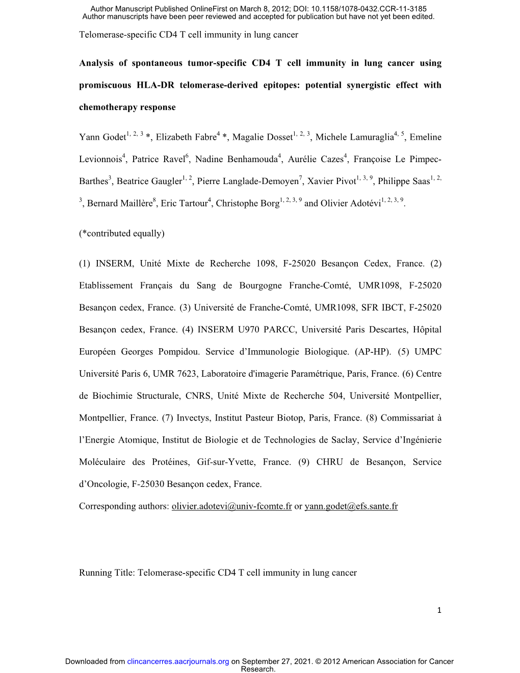 Telomerase-Specific CD4 T Cell Immunity in Lung Cancer Analysis Of