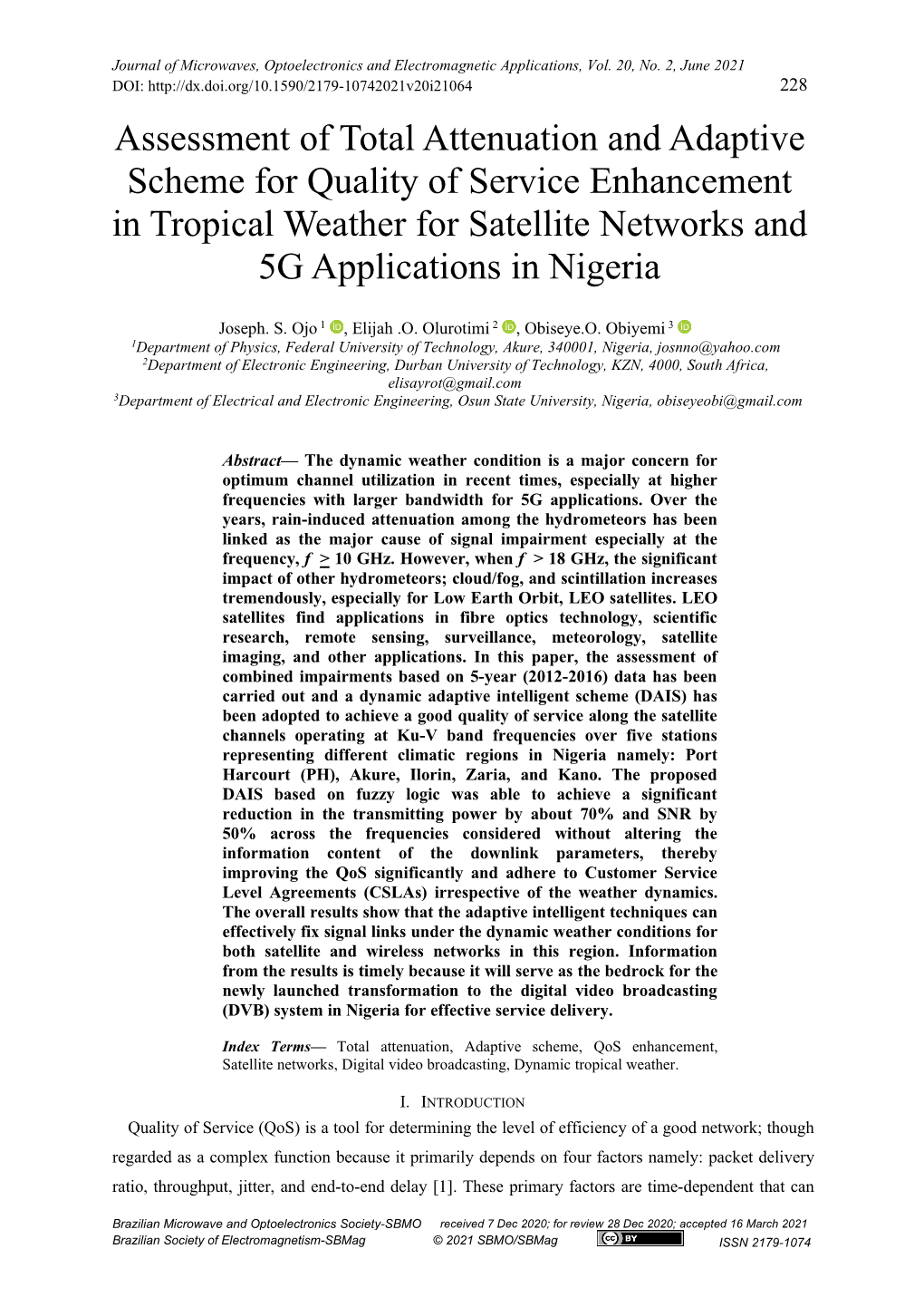 Assessment of Total Attenuation and Adaptive Scheme for Quality of Service Enhancement in Tropical Weather for Satellite Networks and 5G Applications in Nigeria