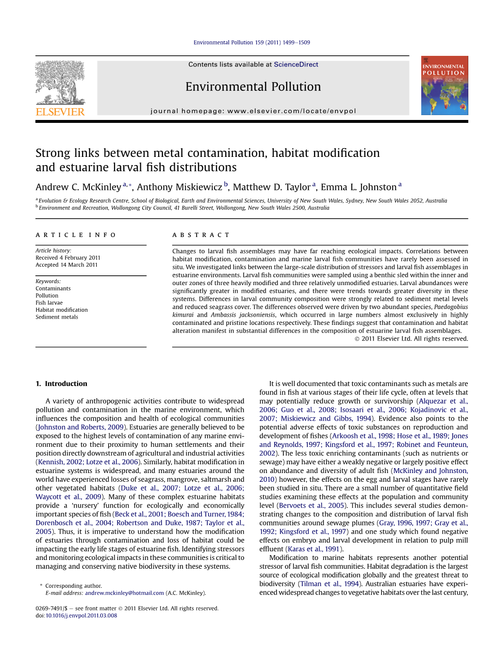 (2011). Strong Links Between Metal Contamination, Habitat