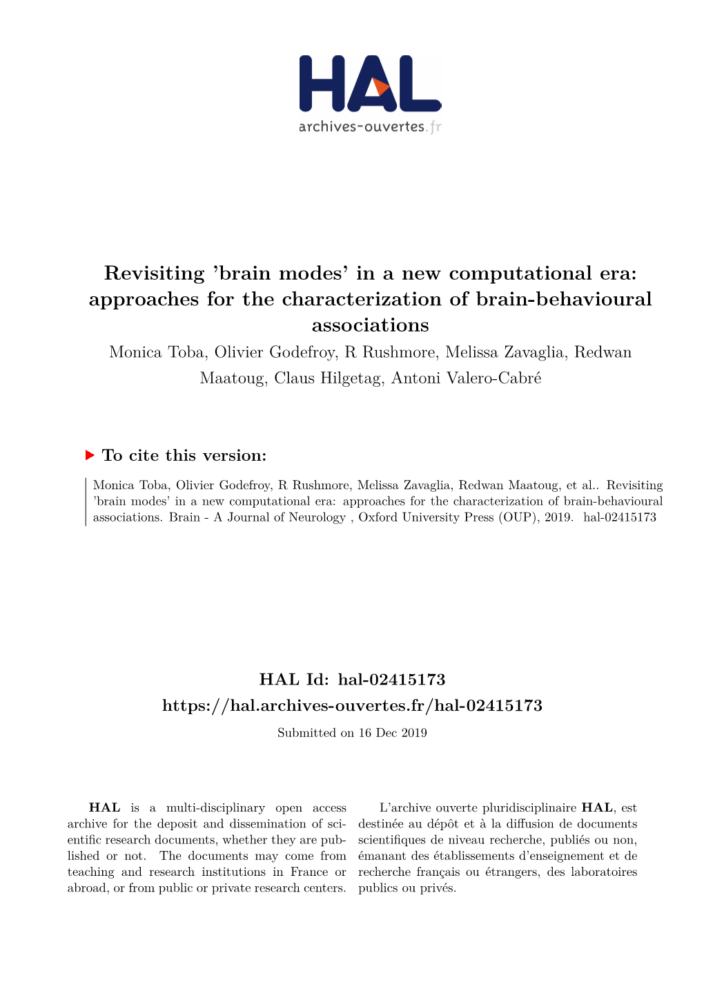 Revisiting 'Brain Modes' in a New Computational Era: Approaches for the Characterization of Brain-Behavioural Associatio