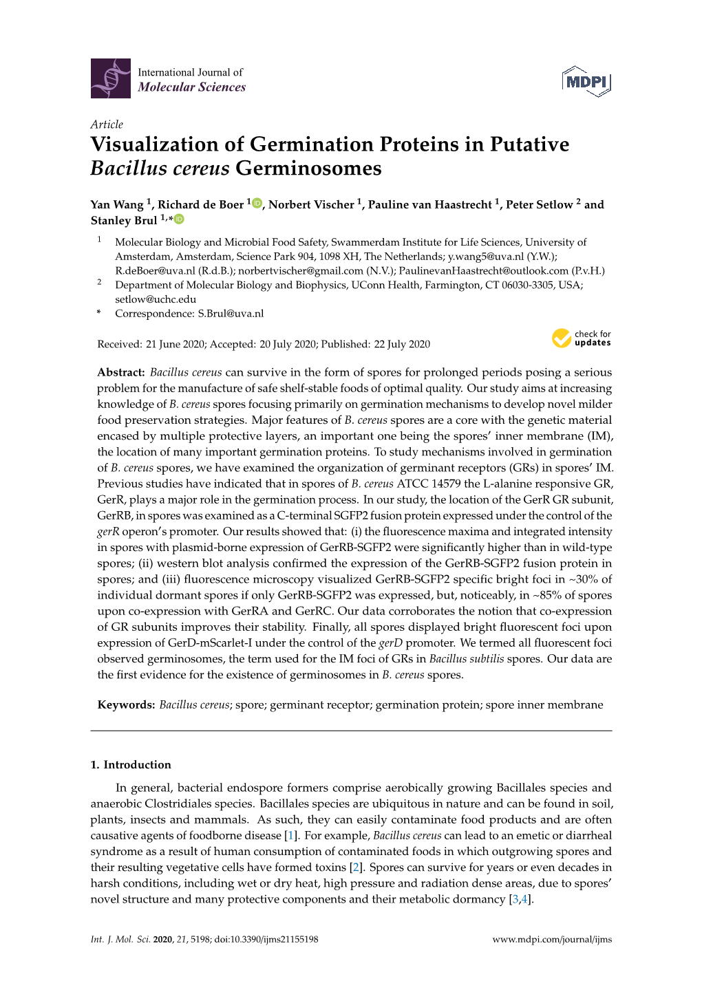 Visualization of Germination Proteins in Putative Bacillus Cereus Germinosomes