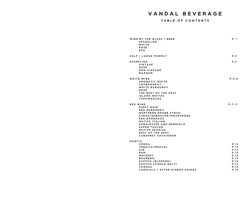 Vandal Beverage Table of Contents