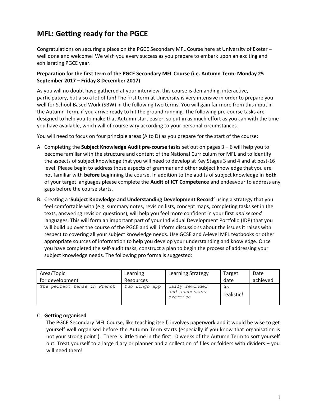 Completing the Subject Knowledge Audit Tasks Set out Below Will Help You to Become Familiar