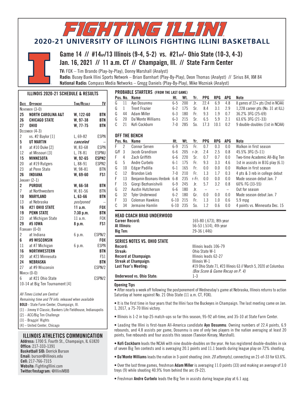 Game 14 // #14Ap/13 Illinois (9-4, 5-2) Vs. #21Ap/- Ohio State (10-3, 4-3) Jan