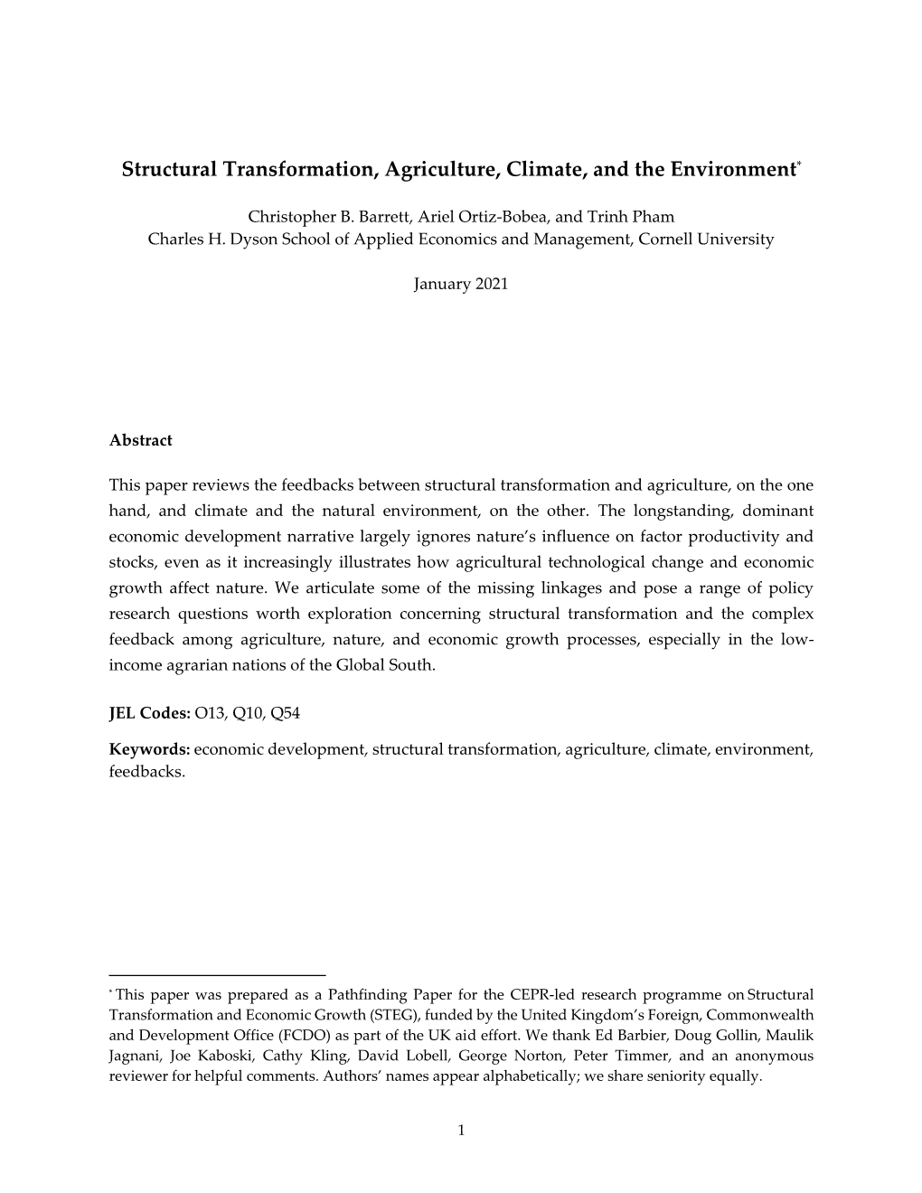 Structural Transformation, Agriculture, Climate, and the Environment*