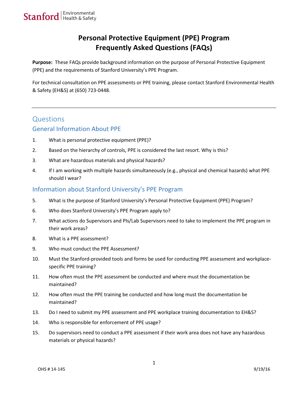 Personal Protective Equipment (PPE) Program Frequently Asked Questions (Faqs)