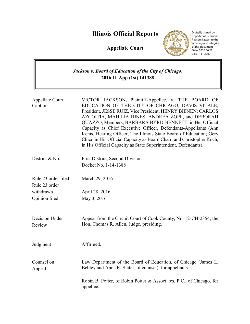 Jackson V. Board of Education of the City of Chicago, 2016 IL App (1St) 141388