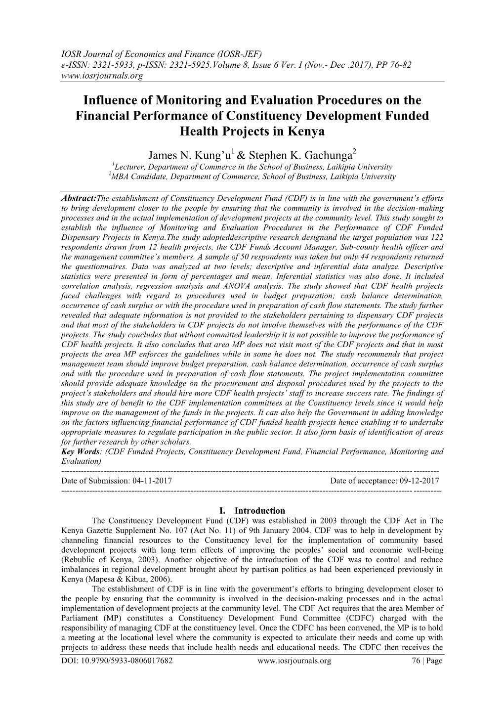 Influence of Monitoring and Evaluation Procedures on the Financial Performance of Constituency Development Funded Health Projects in Kenya