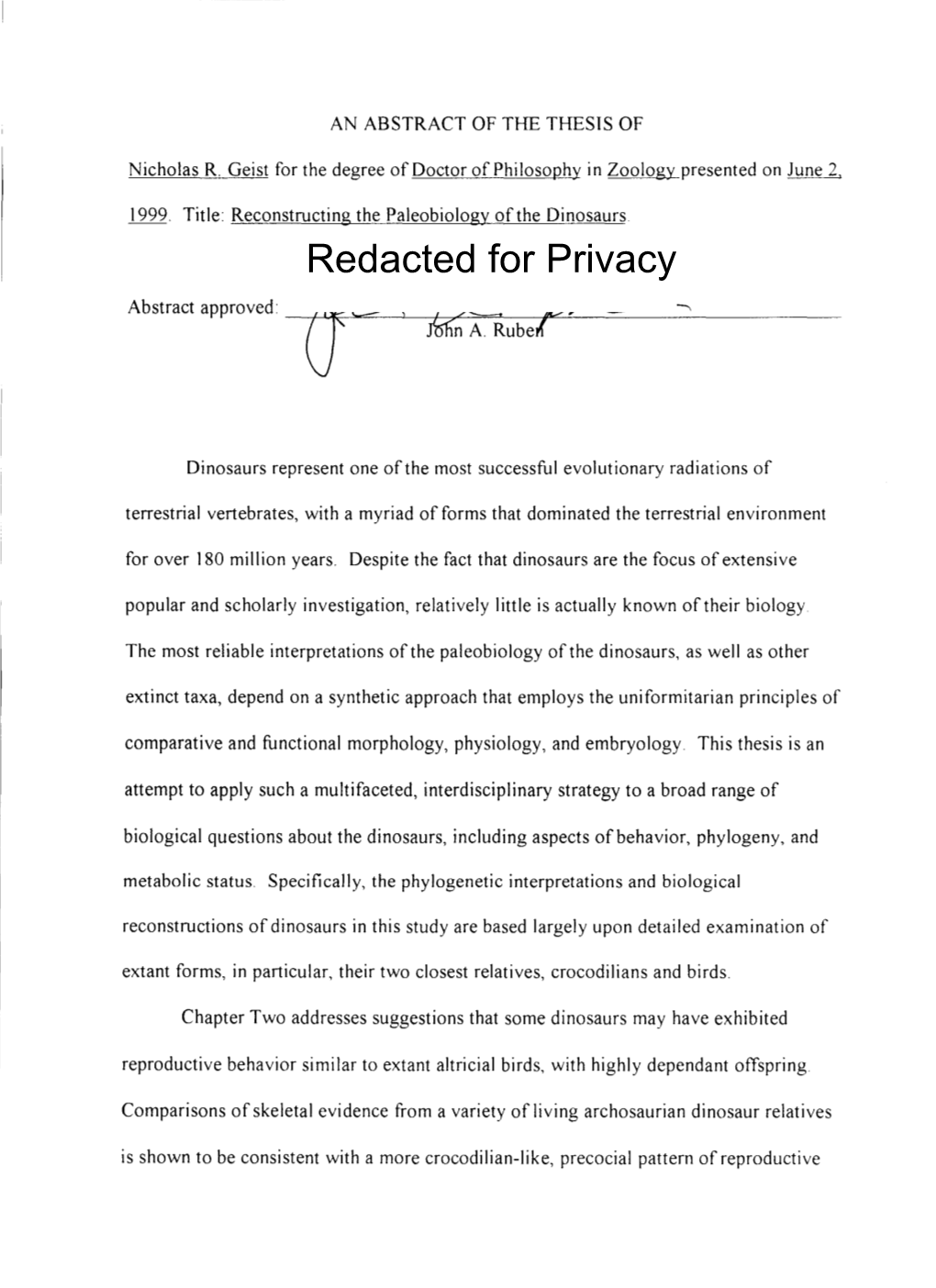 Reconstructing the Paleobiology of the Dinosaurs Redacted for Privacy