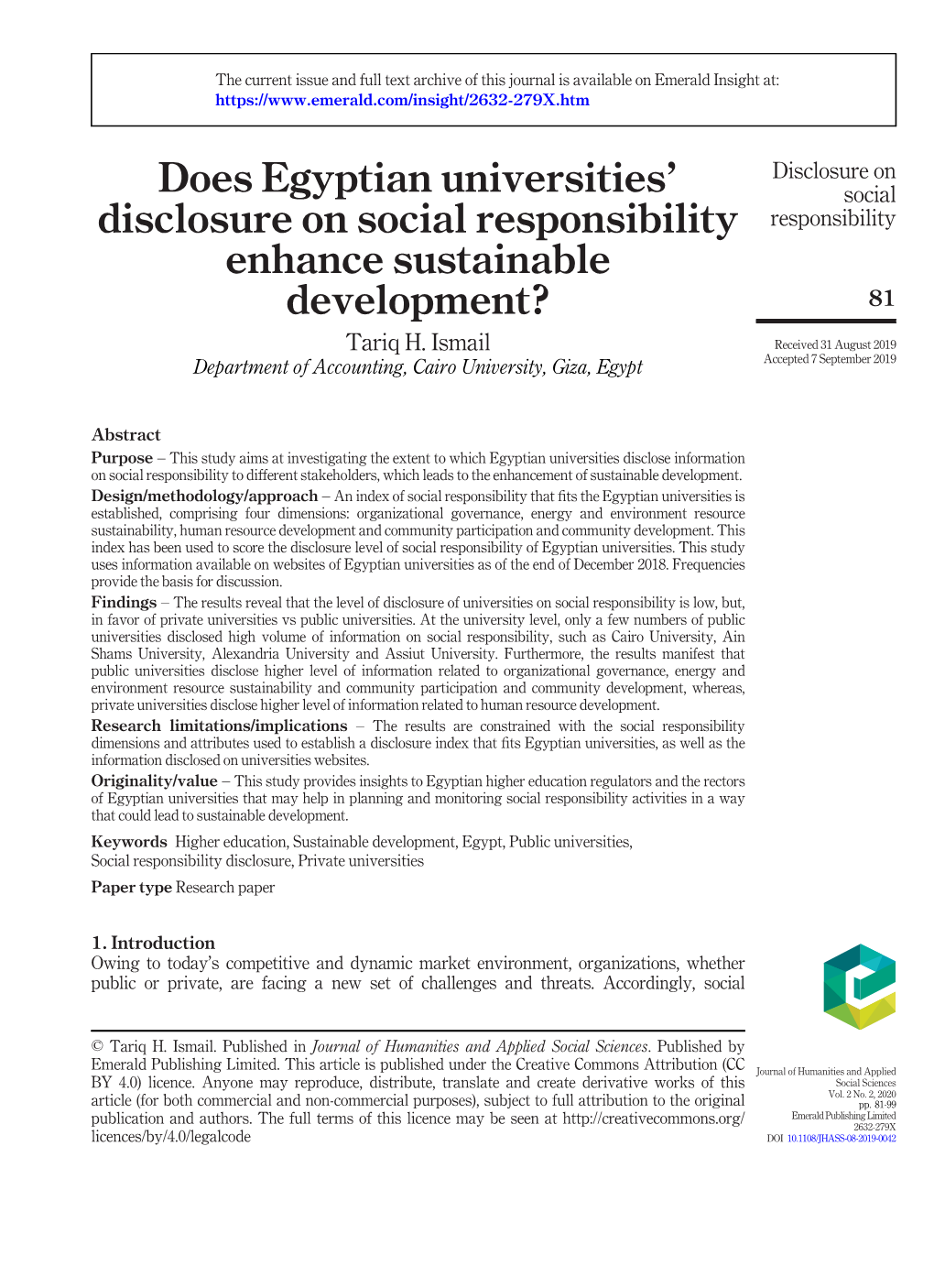 Does Egyptian Universities' Disclosure on Social Responsibility Enhance Sustainable Development?