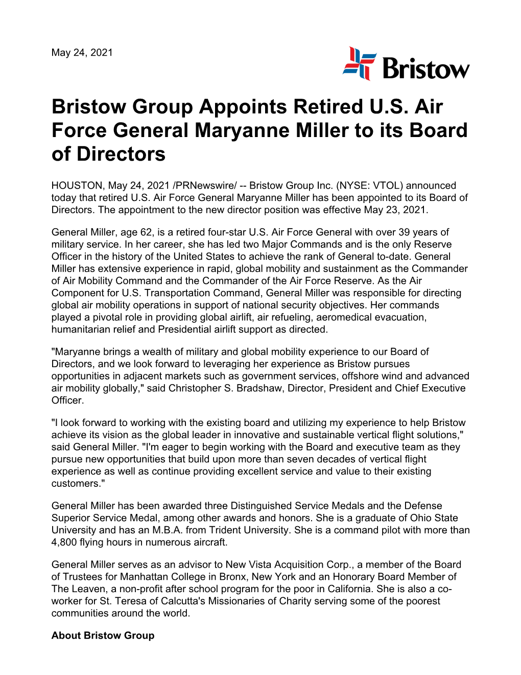 Bristow Group Appoints Retired U.S. Air Force General Maryanne Miller to Its Board of Directors