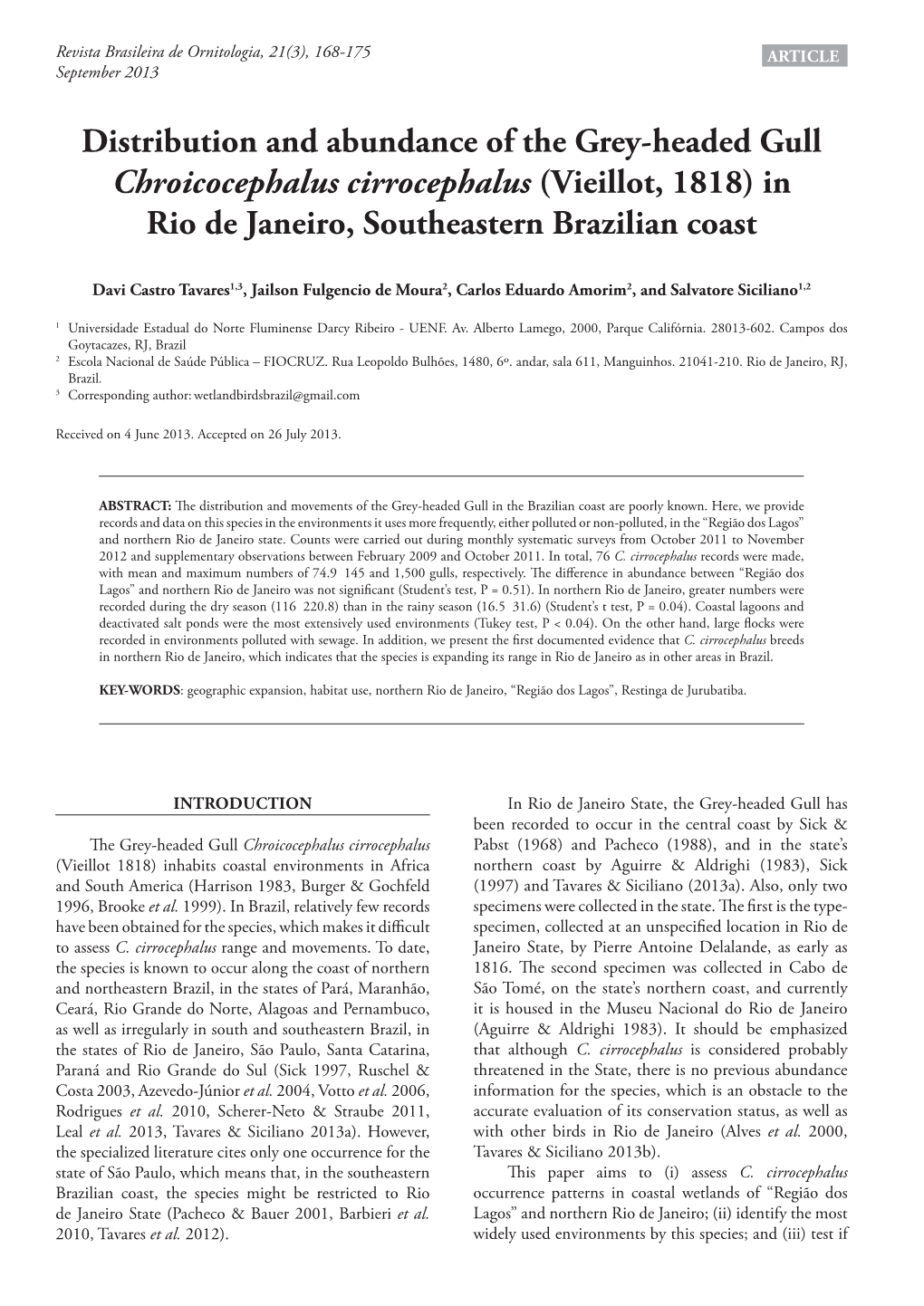 Distribution and Abundance of the Grey-Headed Gull Chroicocephalus Cirrocephalus (Vieillot, 1818) in Rio De Janeiro, Southeastern Brazilian Coast