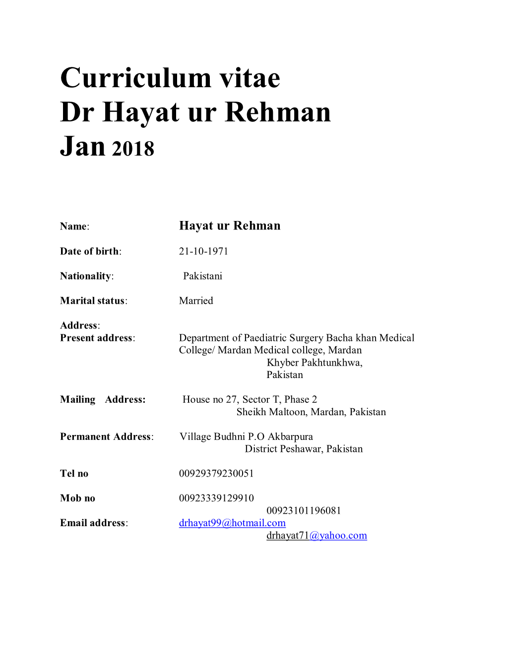 Curriculum Vitae Dr Hayat Ur Rehman Jan2018