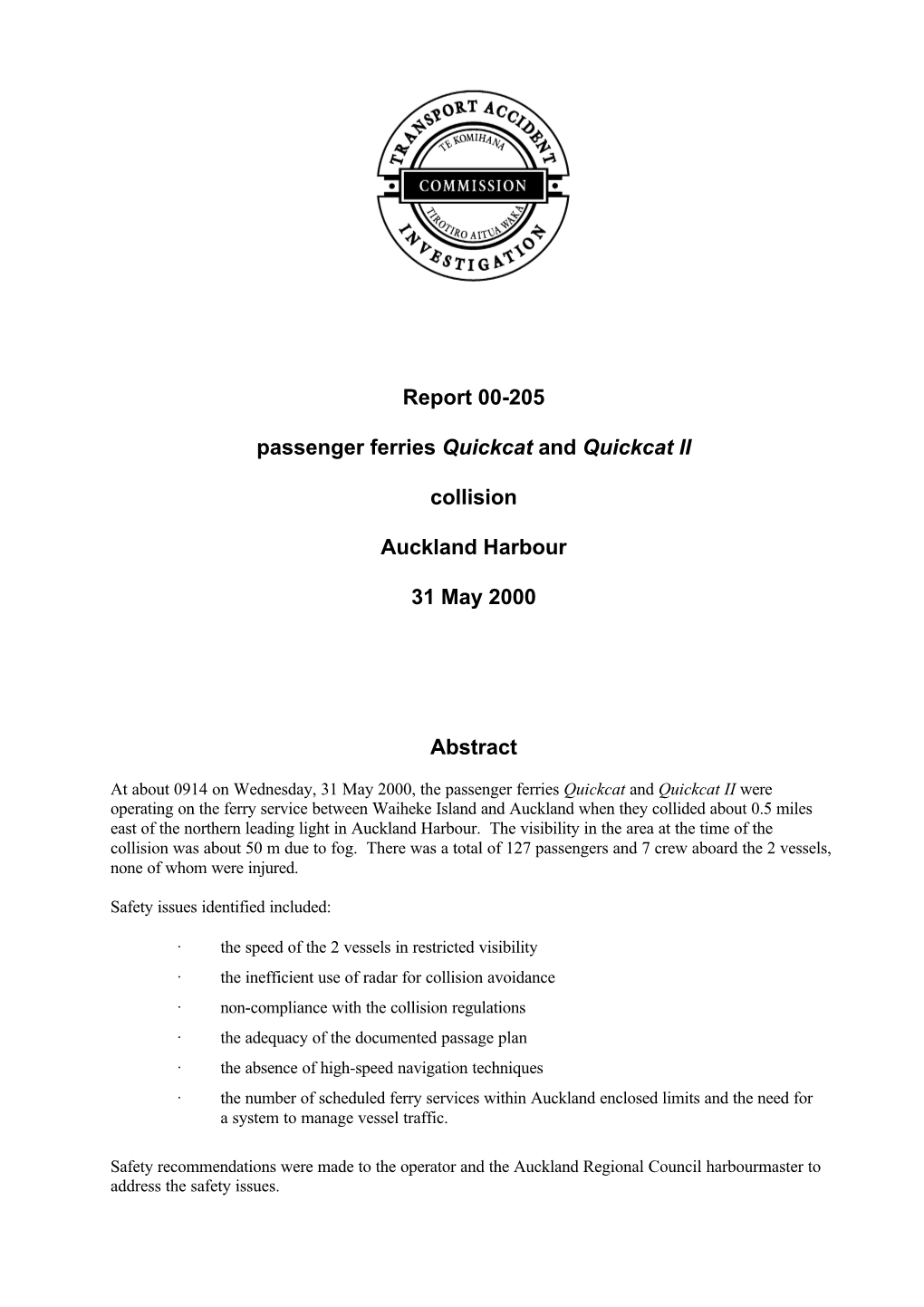 Report 00-205 Passenger Ferries Quickcat and Quickcat II Collision