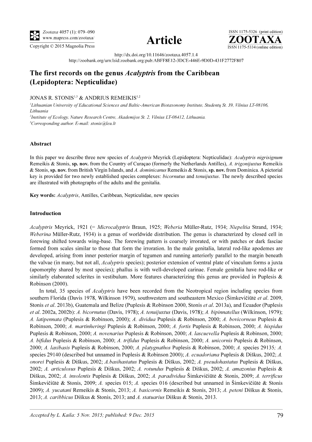 The First Records on the Genus Acalyptris from the Caribbean (Lepidoptera: Nepticulidae)