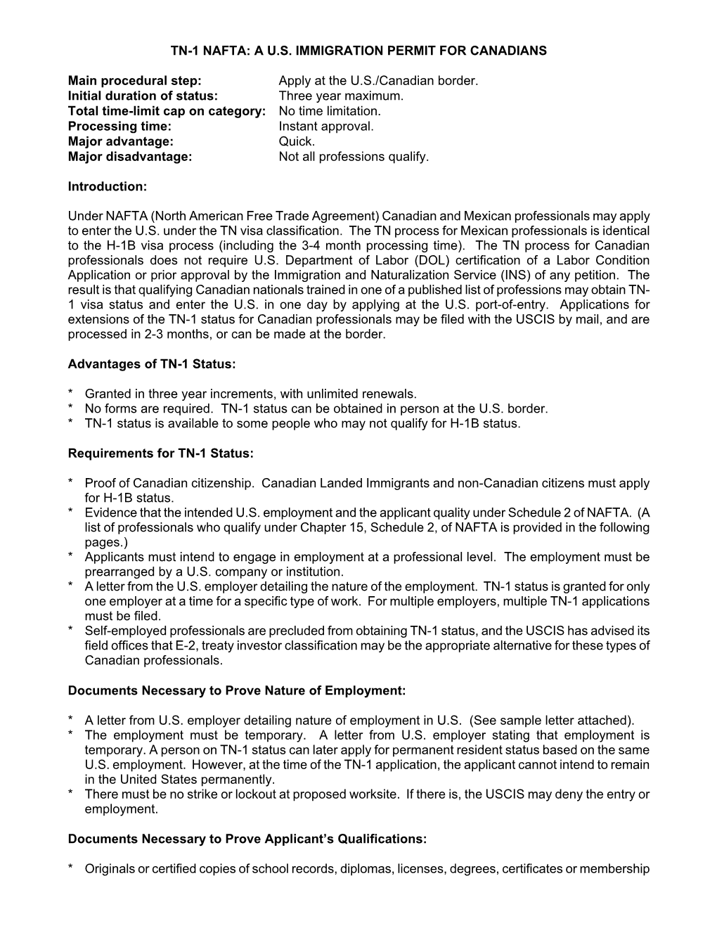 Tn-1 Nafta: a Us Immigration Permit for Canadians