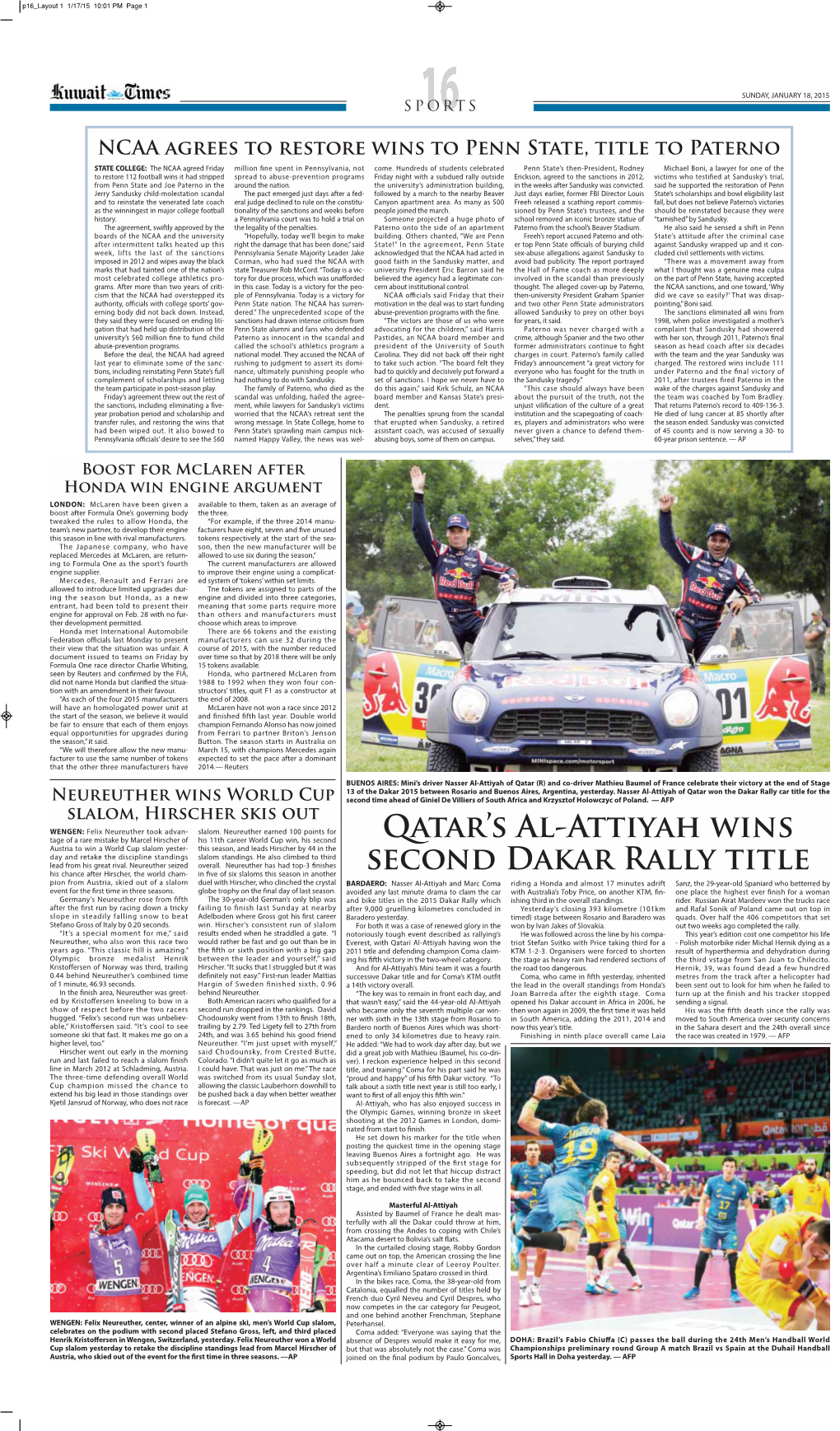 Qatar's Al-Attiyah Wins Second Dakar Rally Title