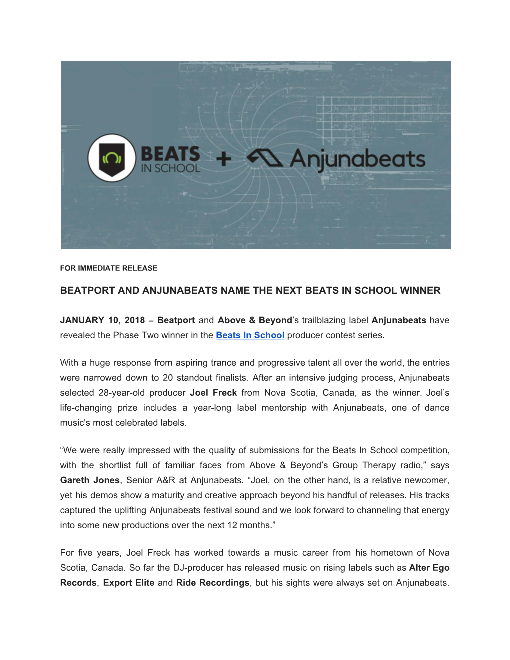 Beatport and Anjunabeats Name the Next Beats in School Winner