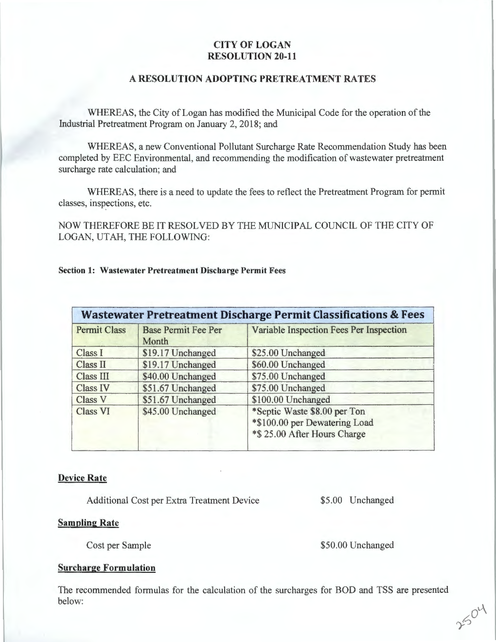 Wastewater Pretreatment Discharge Permit Classifications & Fees