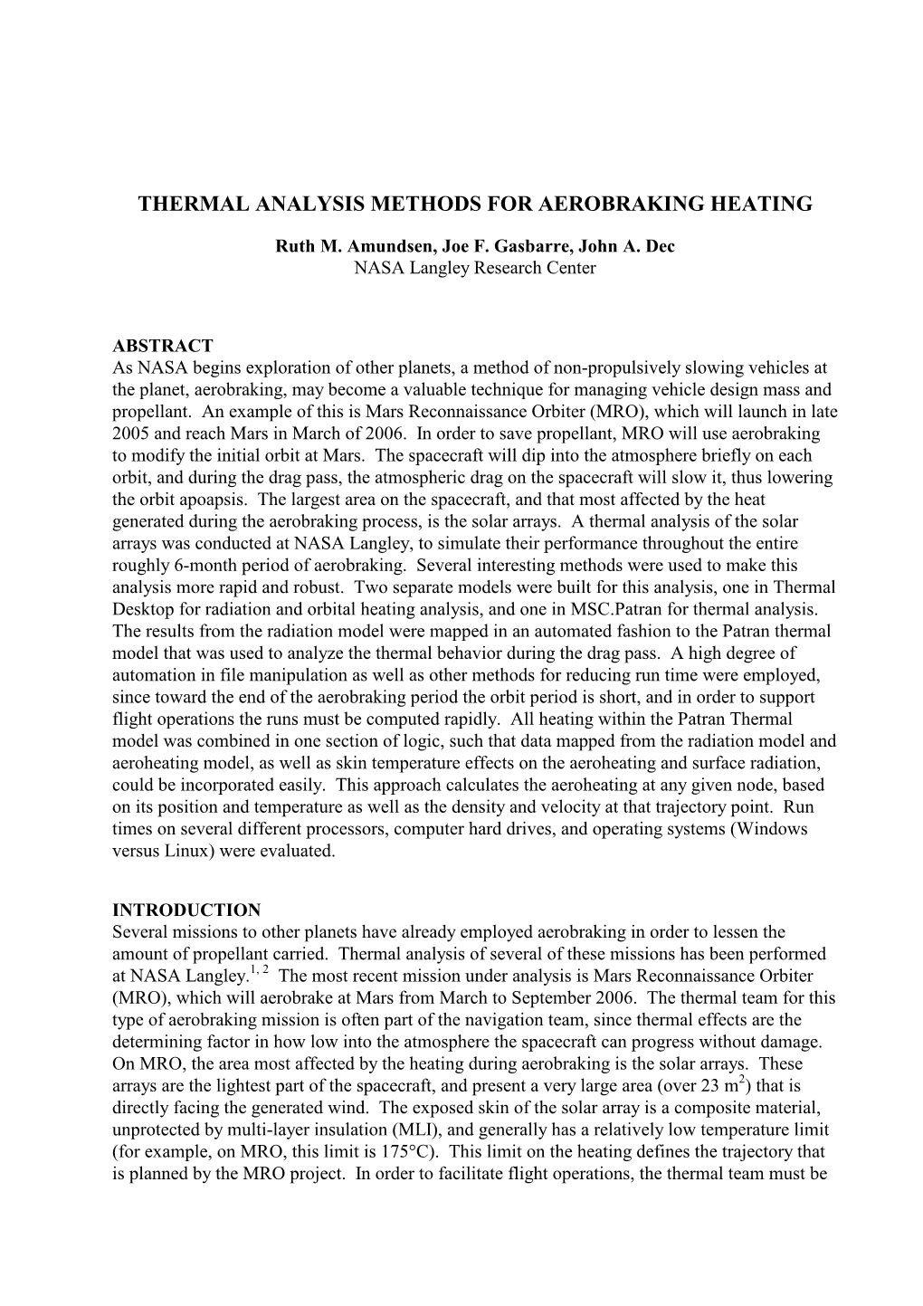 Thermal Analysis Methods for Aerobraking Heating