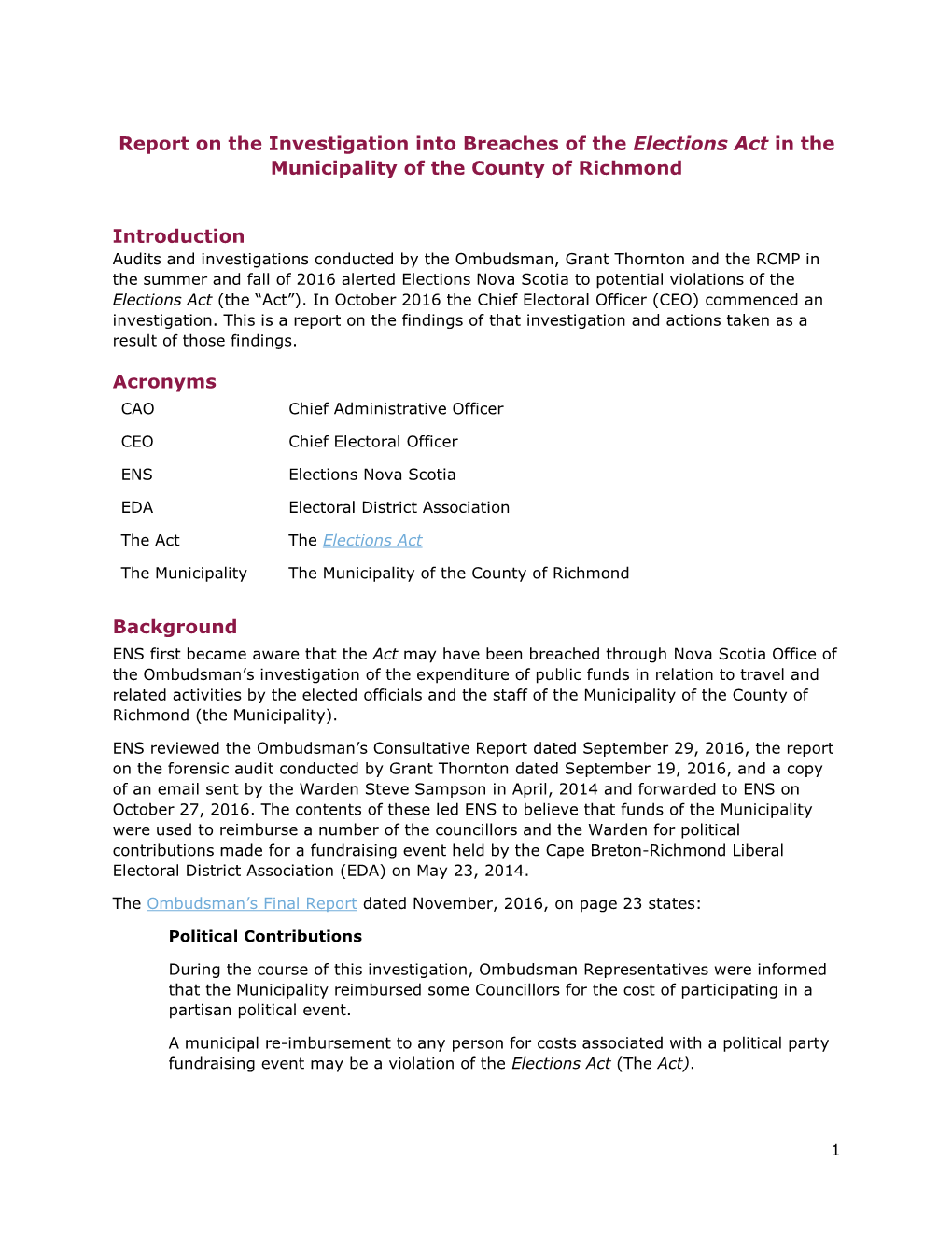 Report on the Investigation Into Breaches of the Elections Act in the Municipality of the County of Richmond