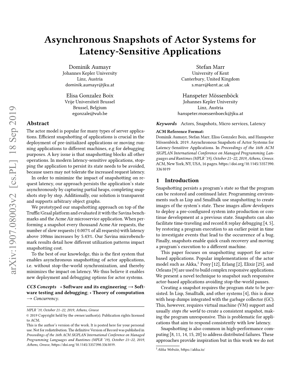 Asynchronous Snapshots of Actor Systems for Latency-Sensitive Applications