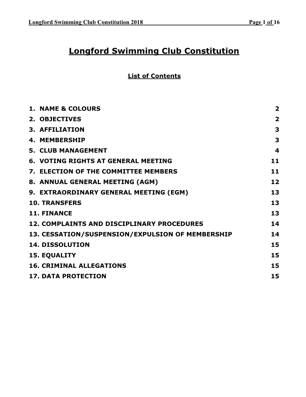 Longford Swimming Club Constitution 2018 Page 1 of 16