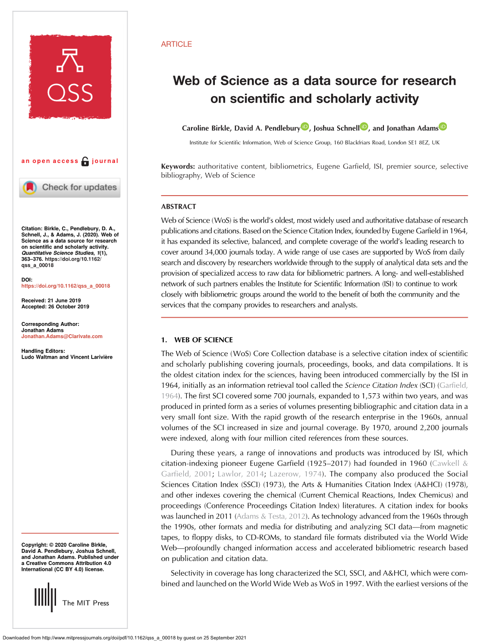 Web of Science As a Data Source for Research on Scientific and Scholarly Activity