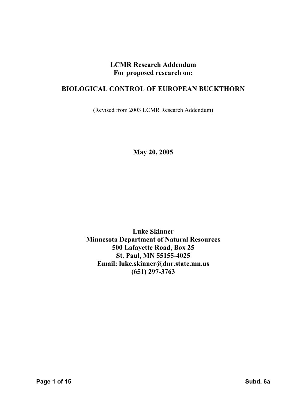 LCMR Research Addendum for Proposed Research On