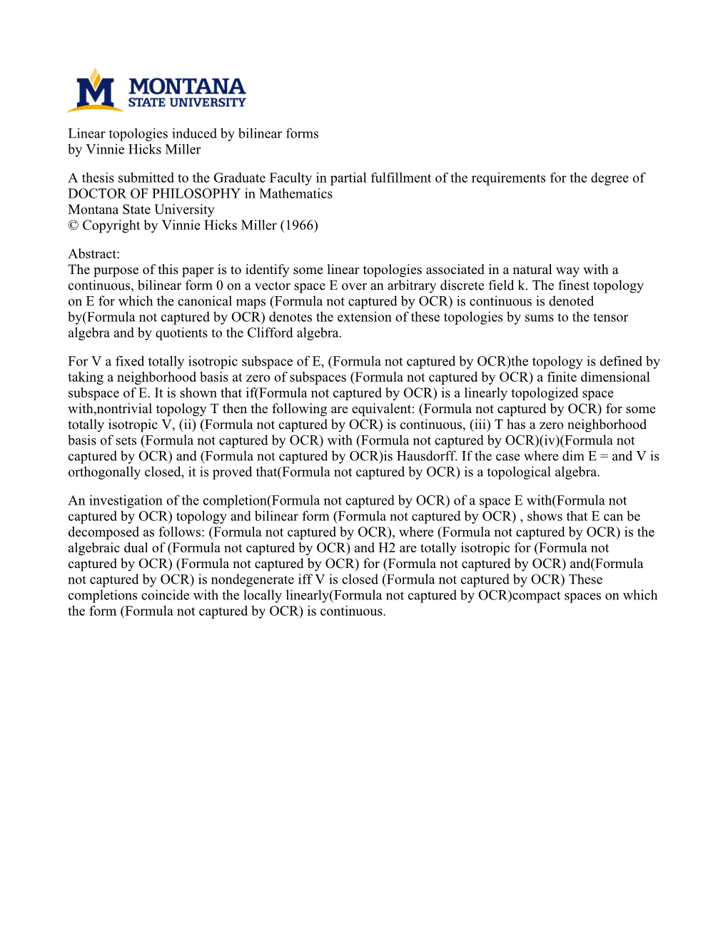 Linear Topologies Induced by Bilinear Forms by Vinnie Hicks Miller a Thesis Submitted to the Graduate Faculty in Partial Fulfill