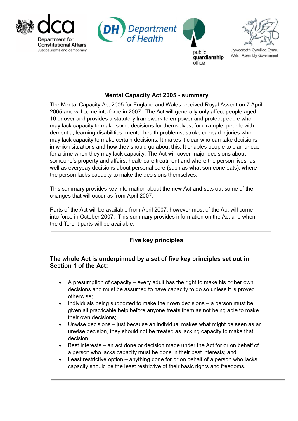 Mental Capacity Act 2005 - Summary the Mental Capacity Act 2005 for England and Wales Received Royal Assent on 7 April 2005 and Will Come Into Force in 2007