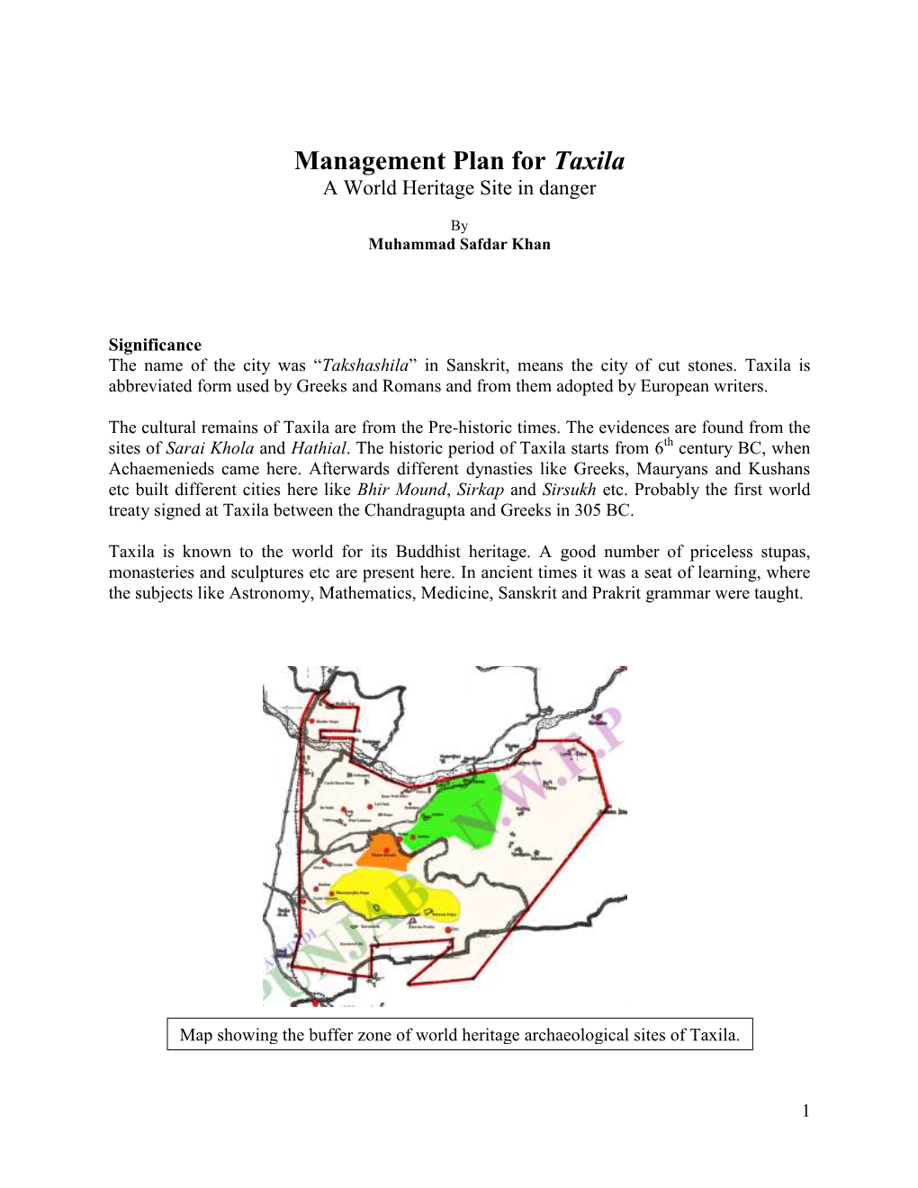 Management Plan for Taxila a World Heritage Site in Danger