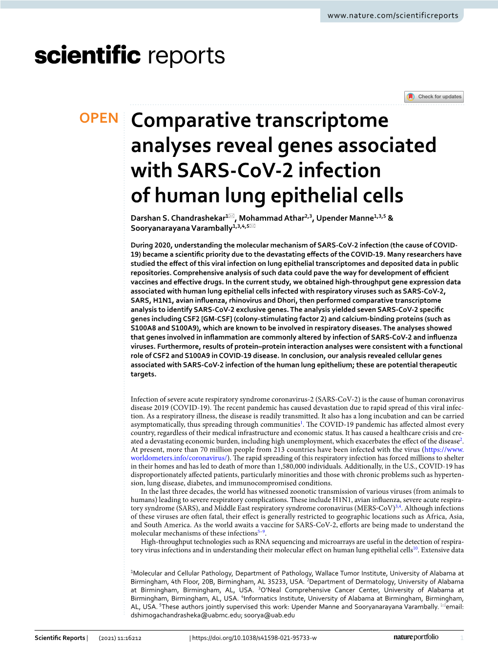 Comparative Transcriptome Analyses Reveal Genes Associated with SARS‑Cov‑2 Infection of Human Lung Epithelial Cells Darshan S